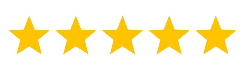 Five stars customer product review feedback icon, 5 star rating service satisfaction good quality isolated vector flat icon yellow color, client positive feedback stars sign for website, app, design.