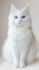 Obraz premium A white cat with blue eyes is sitting on a white surface
