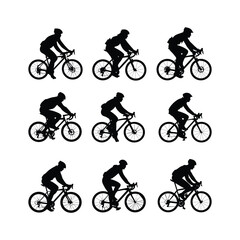 Fototapeta premium Cyclist Riding Bicycle Silhouett set Clipart on a white Background