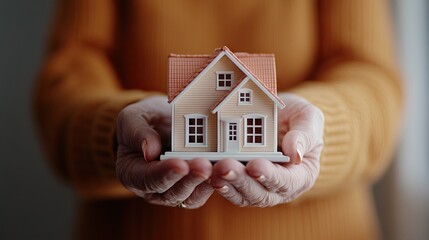 Elderly woman's hand gently showcasing a miniature house model symbolizing real estate dreams and aspirations