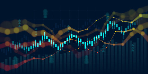 Abstract financial graph with uptrend line and bar chart of stock market on blue color background