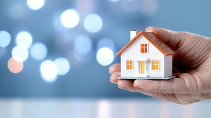 Elderly woman holds miniature house model, symbolizing dreams of homeownership and real estate aspirations