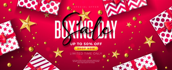 Boxing Day Sale Design with Gift Box, Golden Ornamental Ball and Typography Lettering on Red Background. Christmas Holiday Vector Business Illustration with Special Offer Elements for Coupon, Voucher