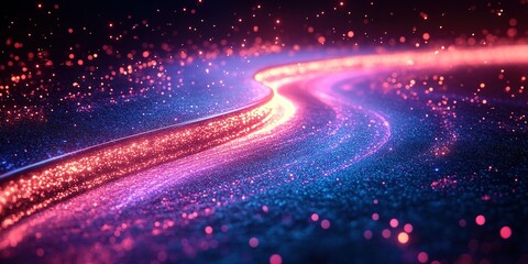 Colorful glowing pathway of light winding through a starry cosmic space landscape at night