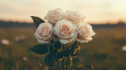 A bouquet of soft pink roses stands gracefully in a lush green field, illuminated by warm sunlight during golden hour.