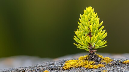 Tiny conifer seedling growing on mossy rock.