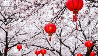 Red lanterns hanging from cherry blossom trees.