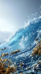 Bubbly water wave with ocean debris and seaweed, seaweed, coastal scenery