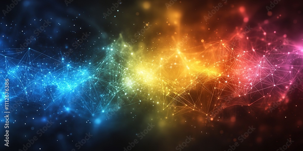 Poster dynamic display of colorful cosmic energy with vivid light and intricate patterns in a dark backgrou
