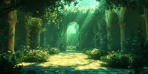 Fototapeta premium Enchanted Garden in a Shadowed Courtyard, a softly glowing oasis surrounded by regal architecture, infused with anime-inspired artistry
