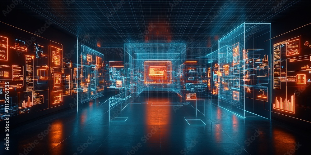 Poster digital data room with futuristic design showcasing vibrant neon graphics and data visualizations in