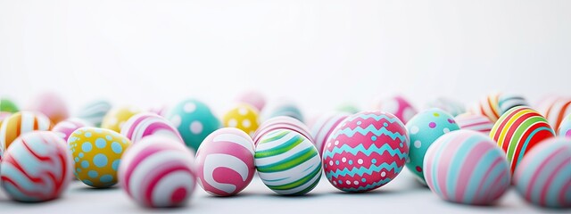 Colorful Easter eggs with striped and polka dot patterns isolated on a solid background. Banner, greeting card, wallpaper, background