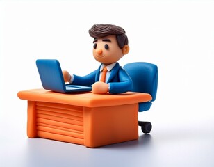 Clay figure of an office worker sitting at a desk on a white background. Fun, creative, office, worker, desk, work, figurine. generative AI