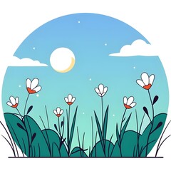 Fototapeta premium Minimalist Art in a Field of Flowers with Blue Sky and Clouds