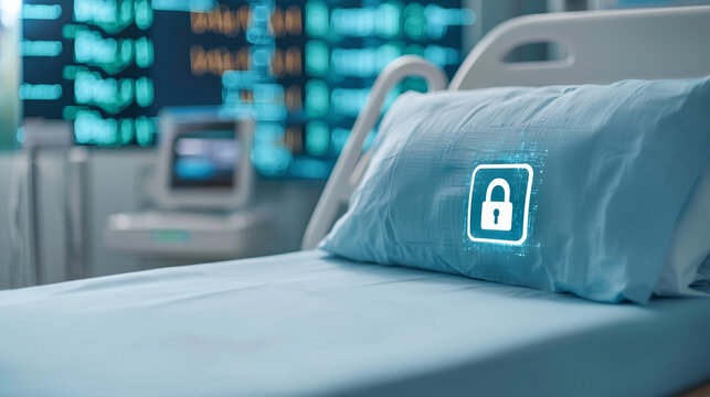Futuristic digital lock symbol on a hospital bed pillow, representing secure medical information and data protection in healthcare.