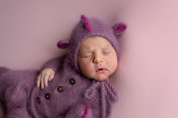 Little adorable newborn baby girl sleeping on her stomach wearing a hat with dragon ears. Neutral background. Studio shot of a ten-day-old newborn baby. Beginning of life. Fairy tale. Dragon toy