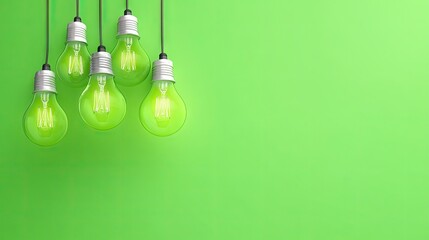 Hanging energy-efficient light bulbs on vibrant green background with ample space for creative text