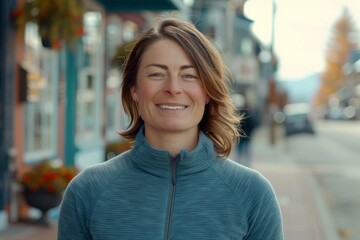 Fototapeta premium Portrait of a glad woman in her 40s showing off a lightweight base layer in charming small town main street