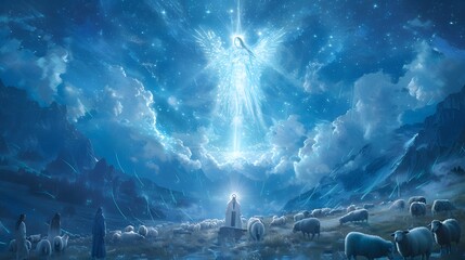 A serene sheepfold under a glowing angel, shepherds dressed in traditional robes looking upward in awe, beams of radiant light softly illuminating grazing sheep and the misty meadow,