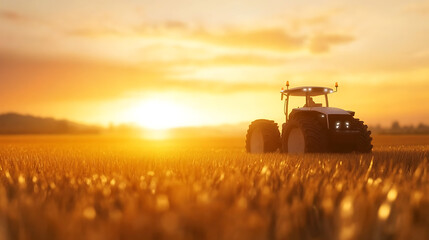 Obraz premium Autonomous farming revolution a futuristic tractor operating in golden fields as an innovative agriculture solution for sustainable practices