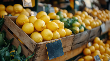 Lemons in a wooden crate with a blank price tag at a farmers market.
