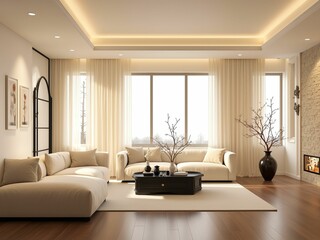 Fototapeta premium Elegant Modern Living Room with Natural Light, Minimalist Design, and Beautifully Arranged Decorative Elements