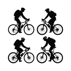 Cyclist Riding Bicycle Silhouett set Clipart on a white Background
