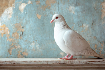 Obraz premium White Dove Perched on Weathered Wooden Surface