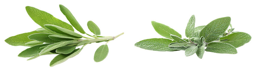 Fresh Green Sage Leaves Isolated on White Background for Culinary and Herbal Use