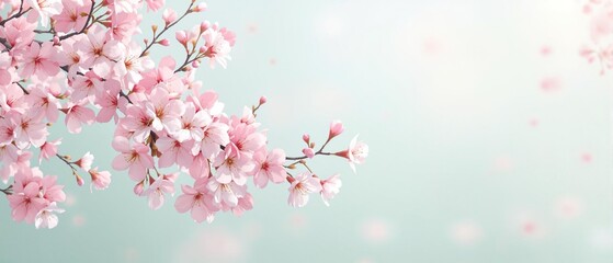Obraz premium Cherry blossoms in bloom against a soft mint green or pale blue colored background, cherry blossoms, cool colors, calming atmosphere, nature scenes