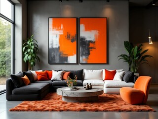 Contemporary Living Room Design Bold Orange and Gray Palette with Modern Art and Cozy Accents