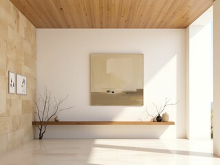Elegant Entryway Showcasing Natural Wood Ceiling, Minimalist Art, and Soft Light for Inviting Atmosphere