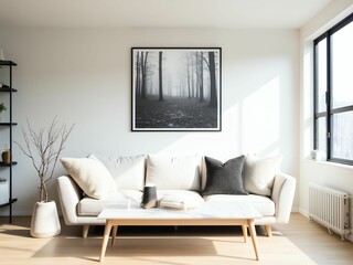 Bright and Airy Living Room with Cozy Beige Sofa, Elegant Art, and Natural Light Accents