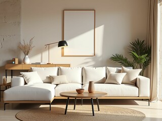 Bright and Airy Living Room with Cozy Beige Sofa, Elegant Art, and Natural Light Accents