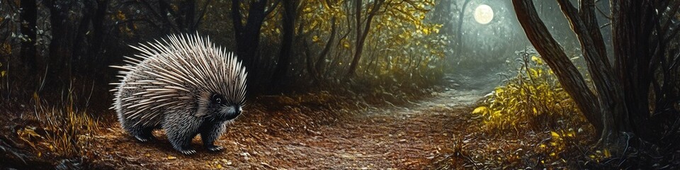 Mystical forest scene with large hedgehog and moonlit path.