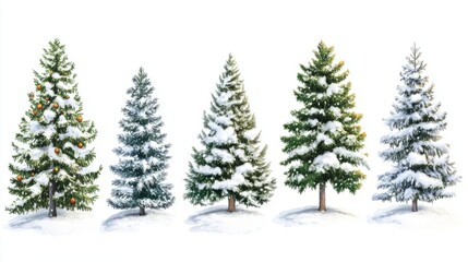 Collection of christmas Trees with Snow on white background
