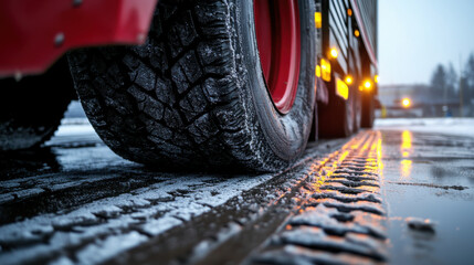 Tire tread depth test on snowy road, showcasing truck tire details