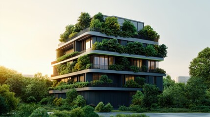 Naklejka premium Sustainable Building Design with Solar Panels and Greenery