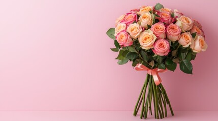 Obraz premium A vibrant bouquet of pink and peach roses tied with a ribbon, set against a soft pink background, exuding elegance and charm.
