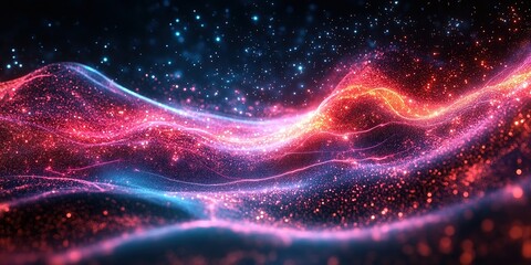Vibrant waves of color and light create an abstract digital landscape in a cosmic setting