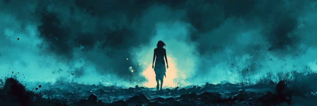 Warrior of Light Amidst Shadows, a vibrant figure strides through a desolate battlefield, surrounded by fallen warriors, digital anime illustration.