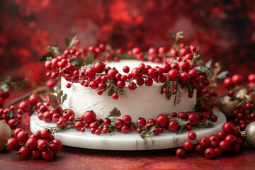 A white cake with red berries on top of it
