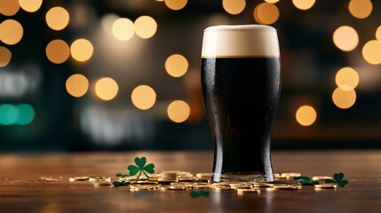 Dark irish stout beer glass with shamrock and golden coins on wooden table. St Patrick's day celebration setup with blurred festive bokeh lights background for bar menu or banner