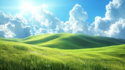 Obraz premium Rolling Green Hills Under a Sunny Sky with White Clouds