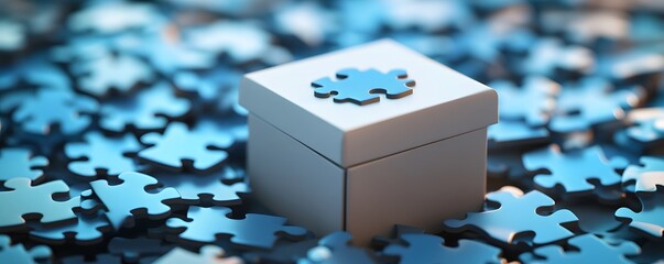A captivating image of a small box with a puzzle piece design on its lid, surrounded by numerous blue puzzle pieces