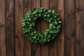 Fresh green shamrock wreath on rustic wooden wall. Traditional irish holiday decor. Natural round clover garland for celebration. Door decoration with copy space