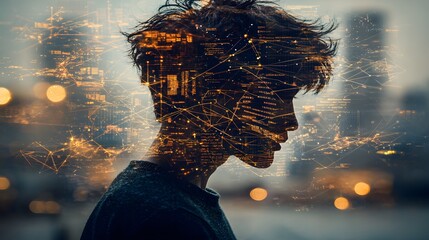 A conceptual image featuring the silhouette of a person with overlapping financial data and network structures, illustrating the analytical aspect of multilevel marketing. The double exposure 