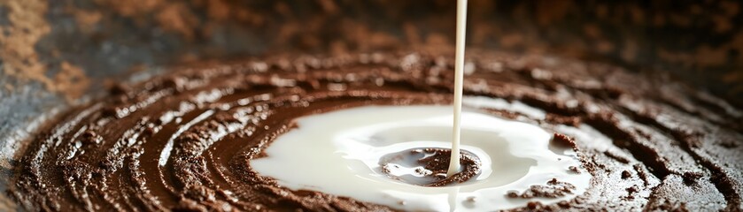Fototapeta premium A close-up image of chocolate batter being mixed with cream, showcasing a rich, creamy texture swirling in a bowl, ideal for baking enthusiasts and culinary presentations.