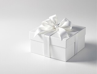 Obraz premium Classic white gift box with ribbon and tag on snowy white setting, giving, treat, merry, formal