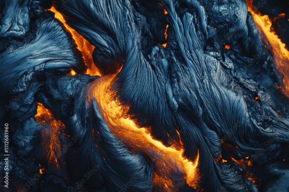 Poster abstract view from above of flowing lava in blue and orange tones, high contrast and hyperrealistic 